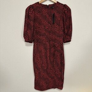 New Banana Republic Red Black Leopard Puff Sleeve Tulip Wrap Sheath Dress 6